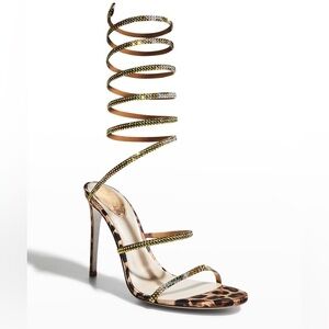Rene Caovilla Leopard Satin Strass Ankle-Wrap Sandals
